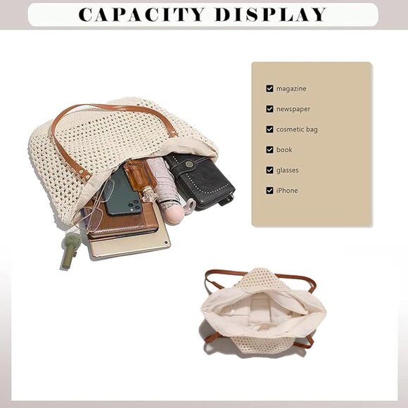 Women's Beige - Boho Woven Tote Purse For Vacation Crochet Beach Shoulder Bag - Picture 4 of 8